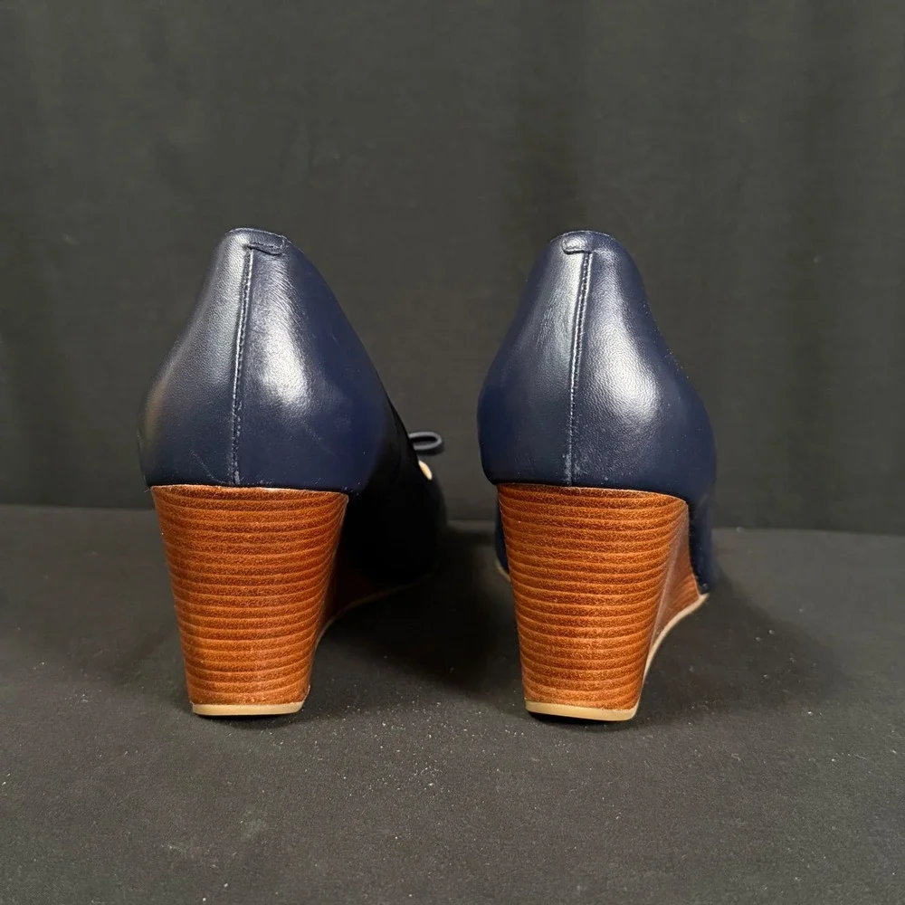 Cole Haan Adair Navy Blue Leather Bow Wedge Pumps Shoes Grand.OS W13162 Women 9B